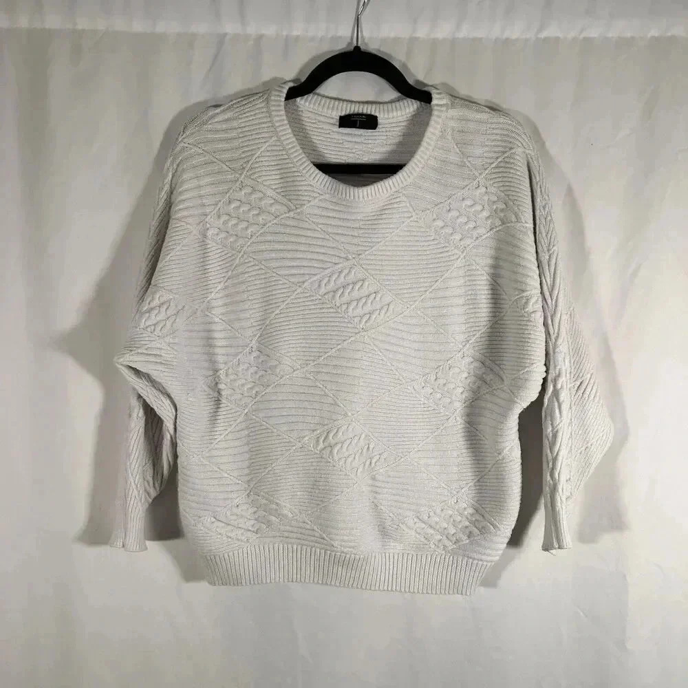Tahari Sweater Women's Large White Knit Crew Neck Long Sleeve Pullover